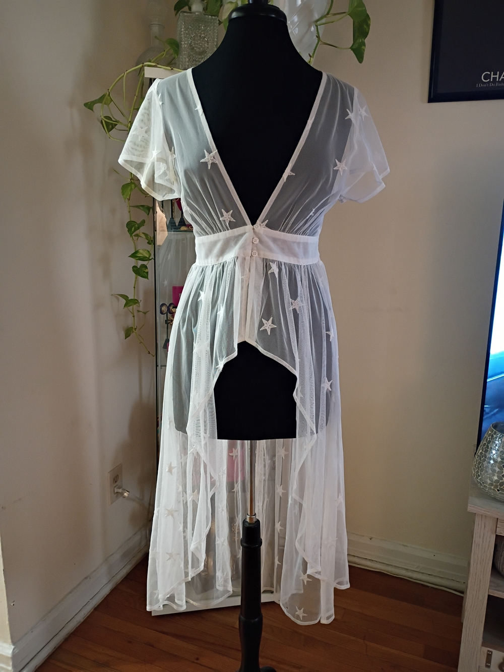 Sheer Star-Embroidered White Mesh Duster